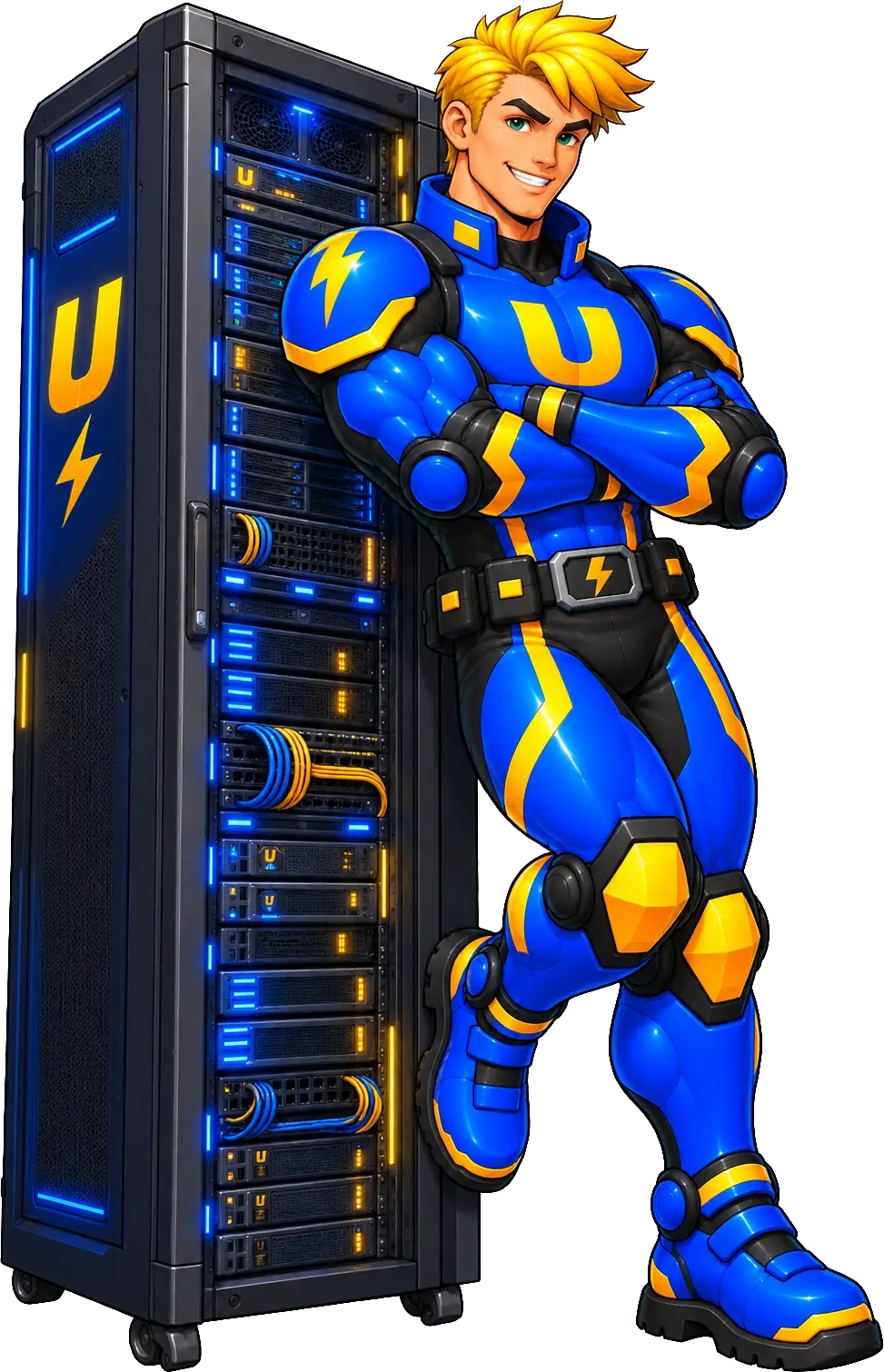 Ultra Web Hosting mascot leaning on an NVMe server rack
